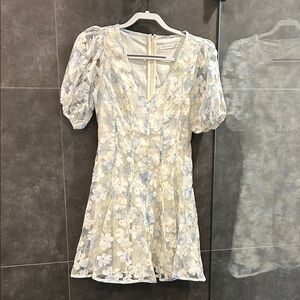 Altar'd State Cream and Light Blue Floral V-Neck Puff Sleeve Mini Dress